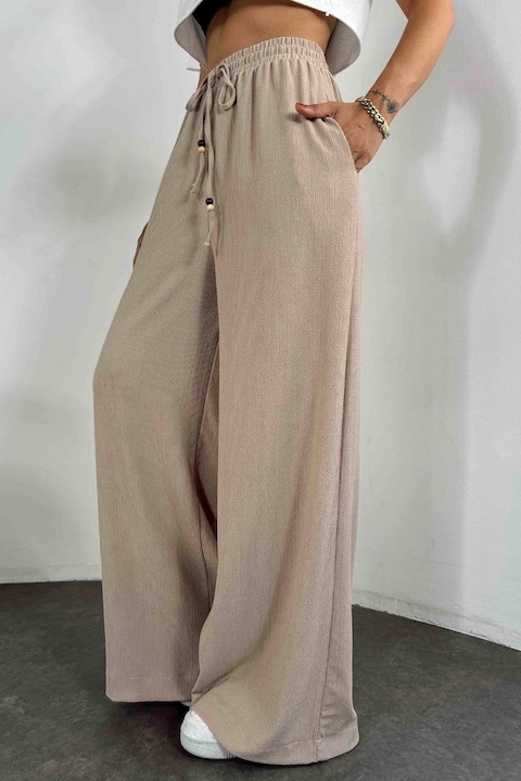 Pantaloni dama largi, elastic in talie, snur, Ella bej, S