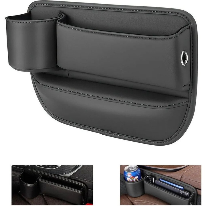Organizator auto din piele pentru spatiul dintre scaune, negru, ajustabil, 30x15x10cm