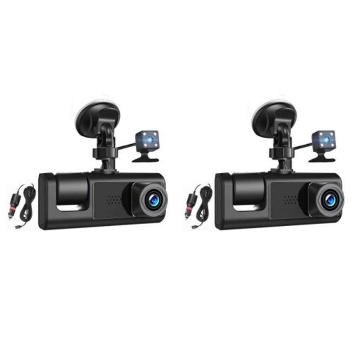 Camera auto DVR 3 lentile, interior-exterior, unghi larg, HD 1080P, negru, 6M cablu spate