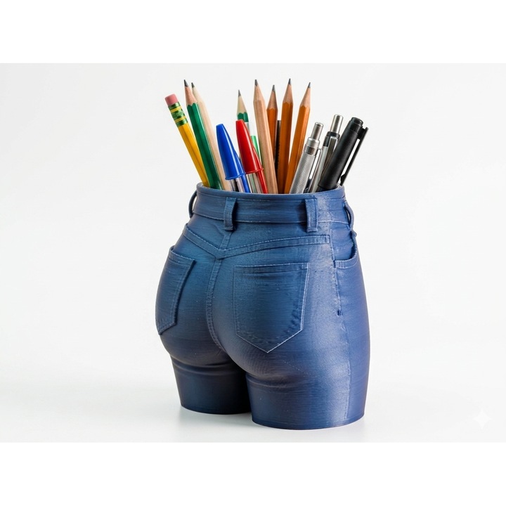 Suport pixuri jeans, culoare albastru, suport si organizator decorativ haios pentru creioane, pixuri si accesorii birou, cadou inedit si amuzant pentru birou