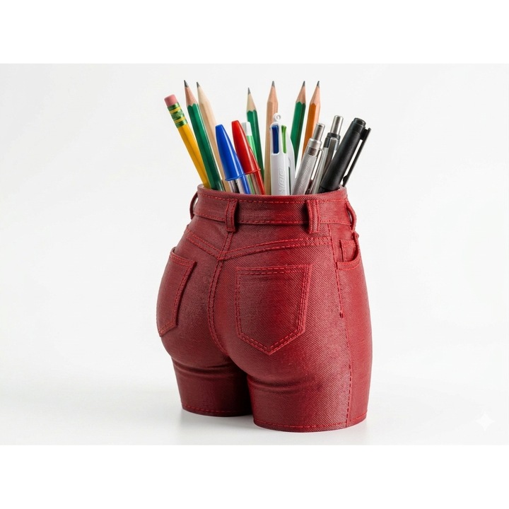 Suport pixuri jeans, culoare rosu, suport si organizator decorativ haios pentru creioane, pixuri si accesorii birou, cadou inedit si amuzant pentru birou