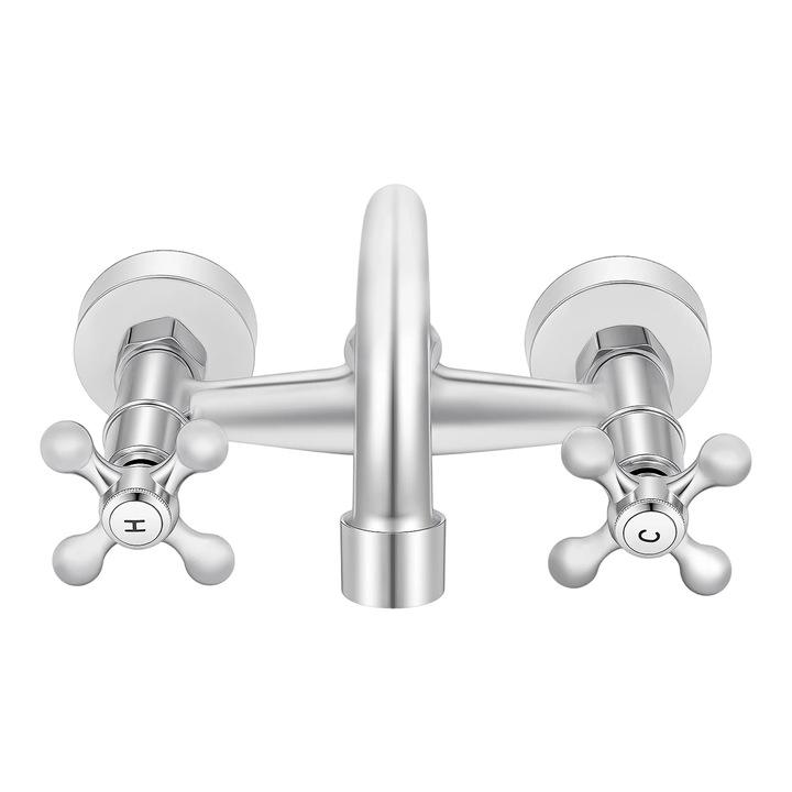 Baterie de perete, Robinet cu 2 manere, Alama masiva, Pipa in U pivotanta 360°, Cartus din cupru, Mixer apa calda/rece, Pentru baie/bucatarie/spalatorie, Argintiu