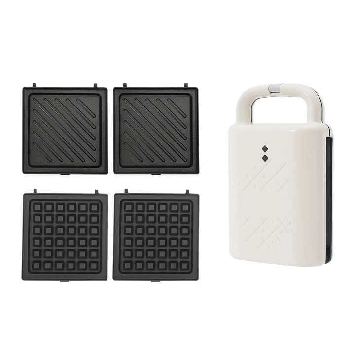 Уред за сандвичи, Сандвич мейкър, 1 сандвич, 600–800 W, 220 V, Сменяеми плочи, Плоча за гофрети, Бял
