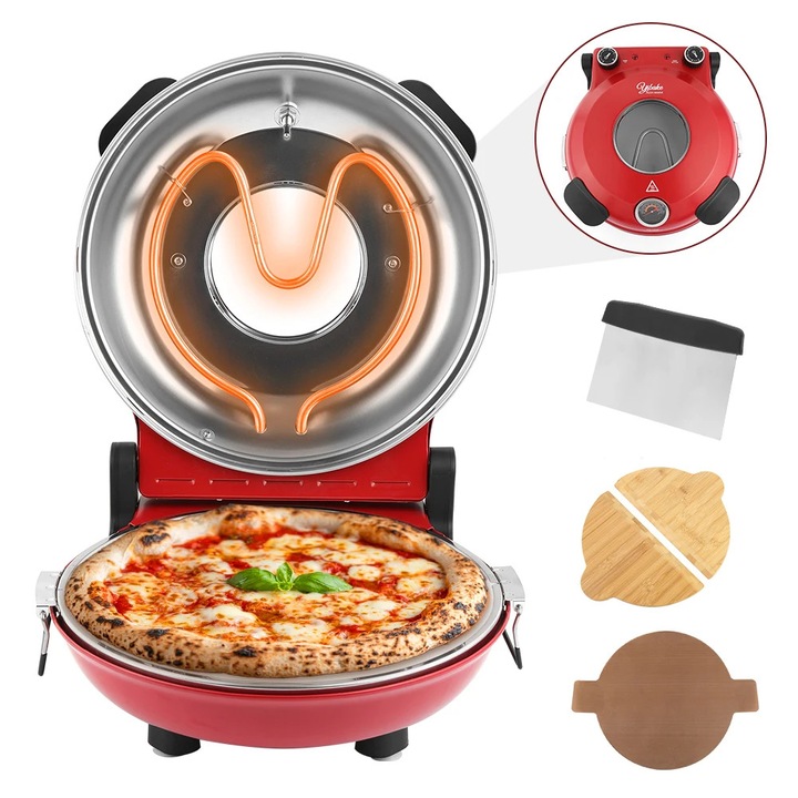 Elektromos pizzakemence, Asztali, Mázas kerámia sütőkő 30 cm, 1200 W, Akár 420 °C, Precíz hőmérséklet-szabályozás két gombbal, EU csatlakozó, Ezüst