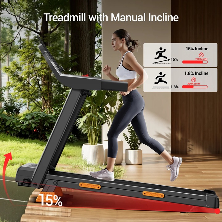 Banda de alergare, walking pad pliabil cu maner, 12 km/h, inclinare 15%, sarcina maxima 136 kg, ecran, bej