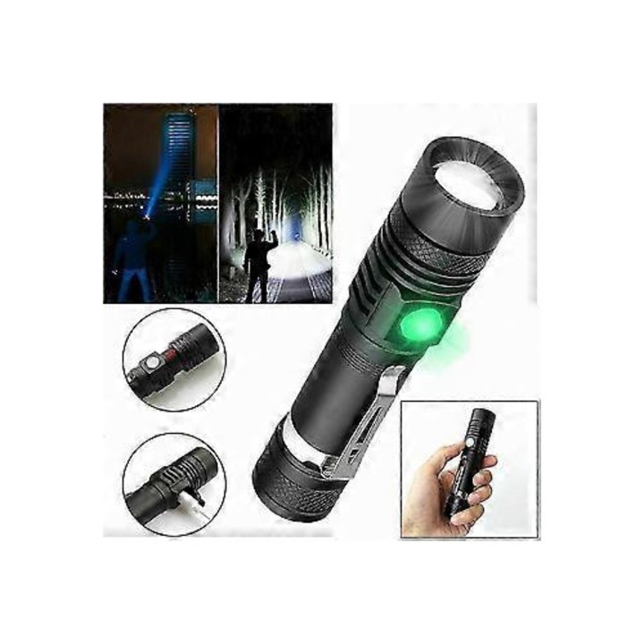 Тактически LED фенер, 90000lm, черен, 30x7x6cm, презареждаем чрез USB