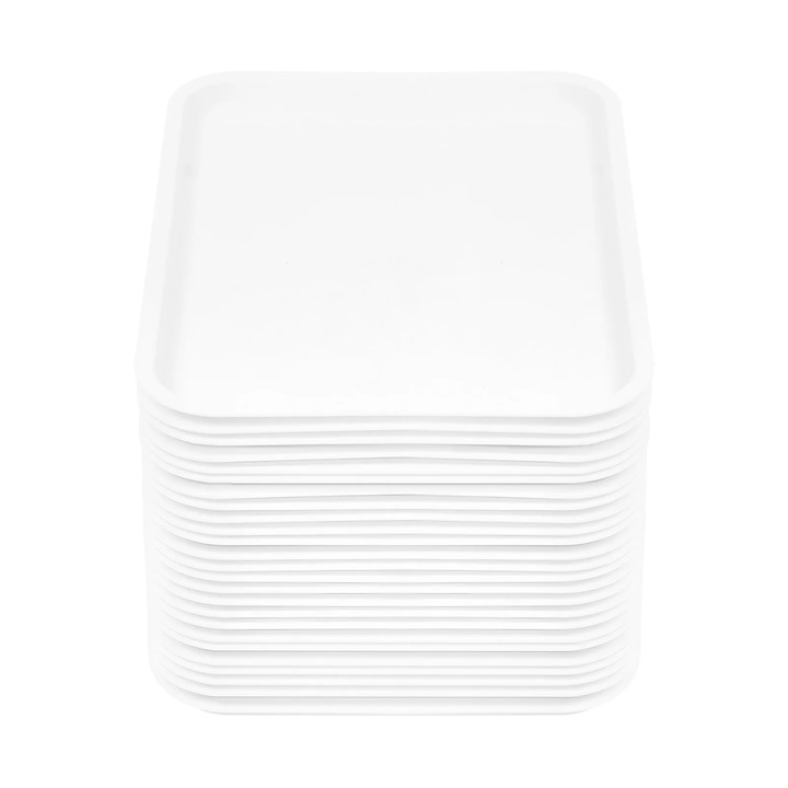 Tavi de servire, Tavi de cantina, Set 24 bucati, Plastic PP, 34 x 24 cm, Dreptunghiular, Compatibile masina de spalat vase & cuptor cu microunde, −20 pana la 120 °C, Alb