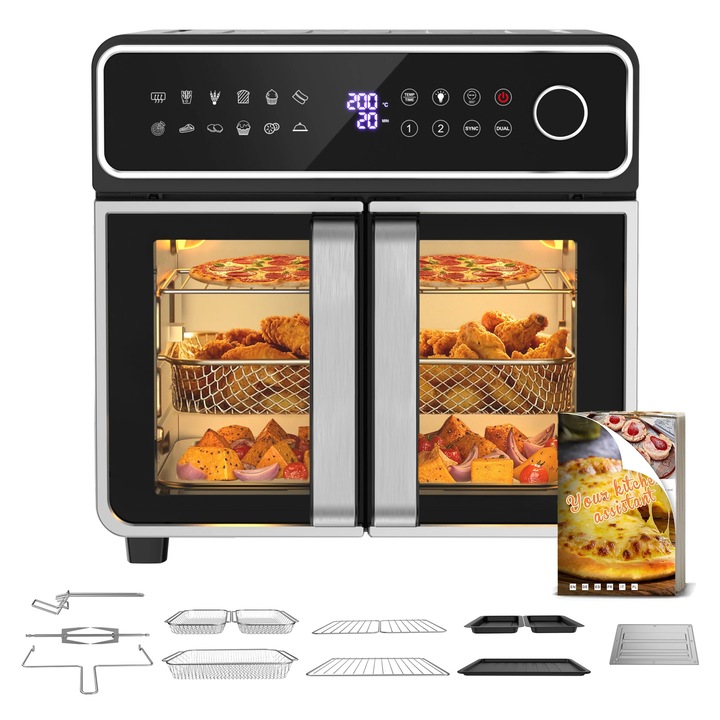 Friteuza cu aer cald Air Fryer, AFTO-2307DT, 23 L, Dual Zone, 2400 W, 12 Programe, Control cu buton & touch, Stecher UE 220–240 V