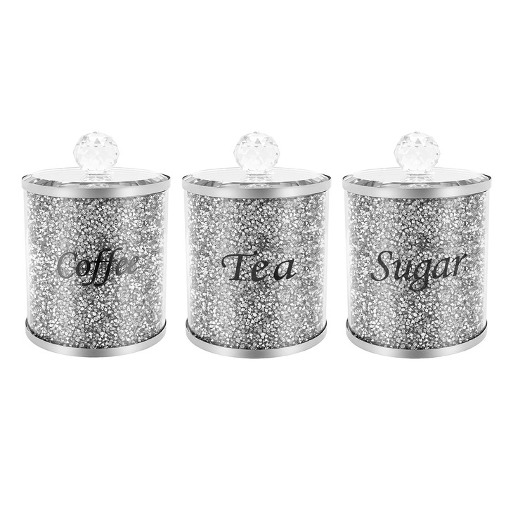 Borcane din sticla pentru depozitare, Set 3 bucati, Etanse, Capac din otel inoxidabil, Pentru cafea/ceai/zahar/faina, Argintiu/Transparent