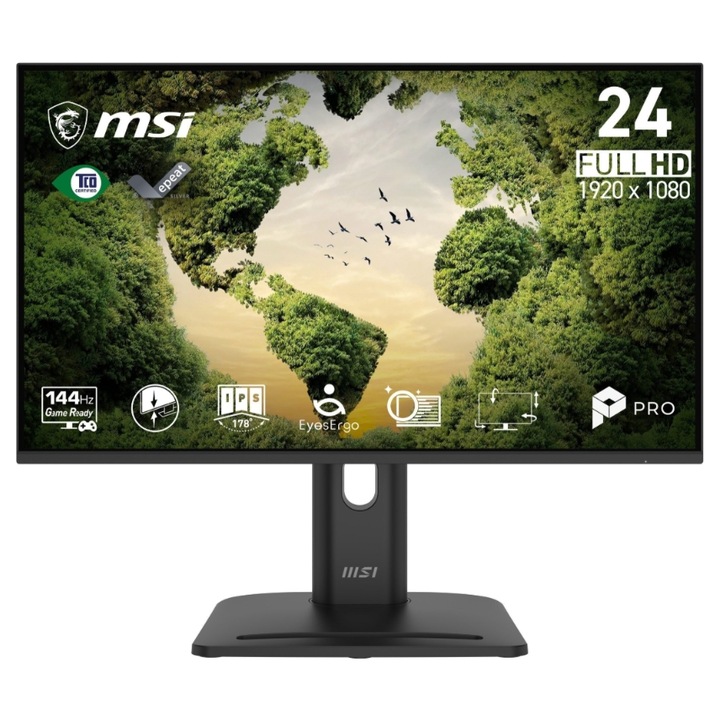 Monitor Gaming IPS LED MSI 23.8" PRO MP245PGN E14, Full HD 1920 x 1080, VGA, HDMI, DisplayPort, Pivot, 144 Hz, 1 ms Fekete