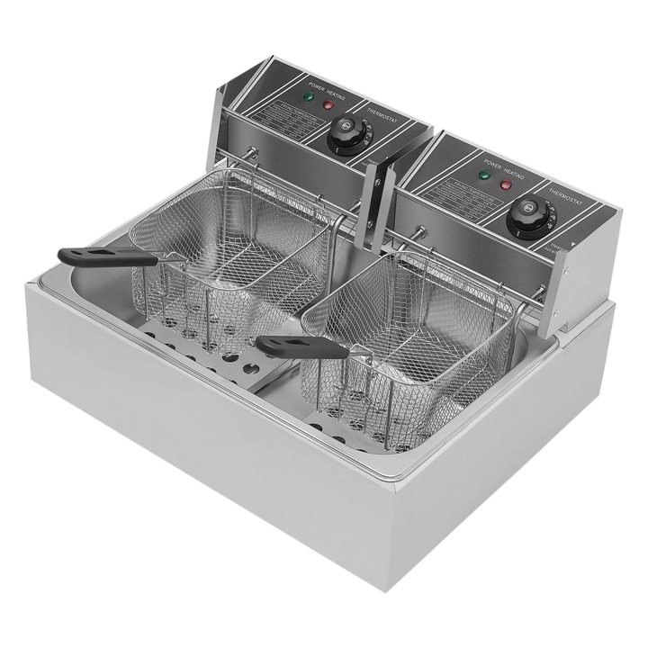 Електрически плот фритюрник, Единична вана, 12 л, 2 кошници, 3,2 kW, 60–200 °C, Неръждаема стомана, Светлосив