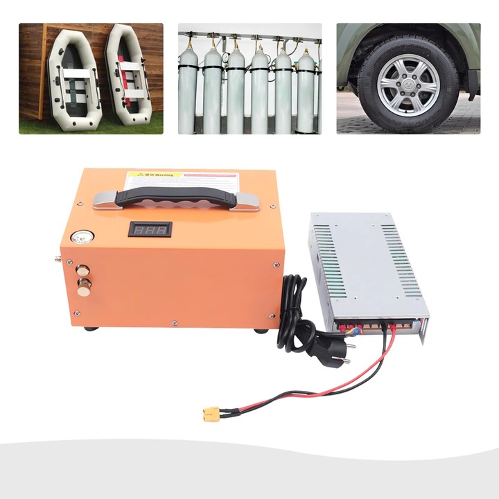 Compresor de aer de inalta presiune, Compresor portabil, 30 MPa/300 bar/4500 PSI, 12V baterie auto si 220V DC, Pentru butelii ≤2 L, 27×25×13 cm