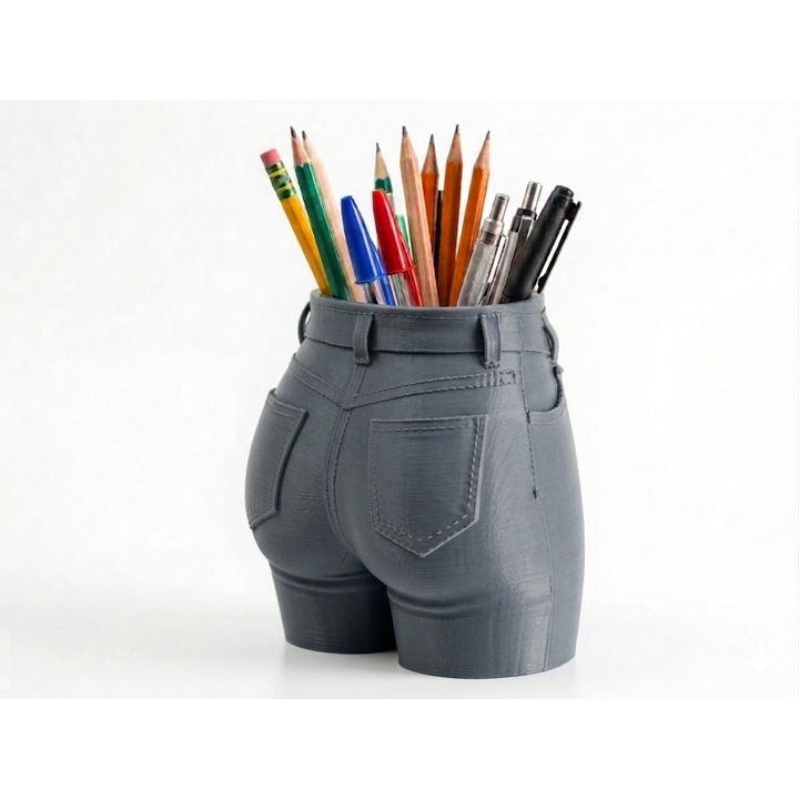 Suport pixuri jeans, culoare gri, suport si organizator decorativ haios pentru creioane, pixuri si accesorii birou, cadou inedit si amuzant pentru birou