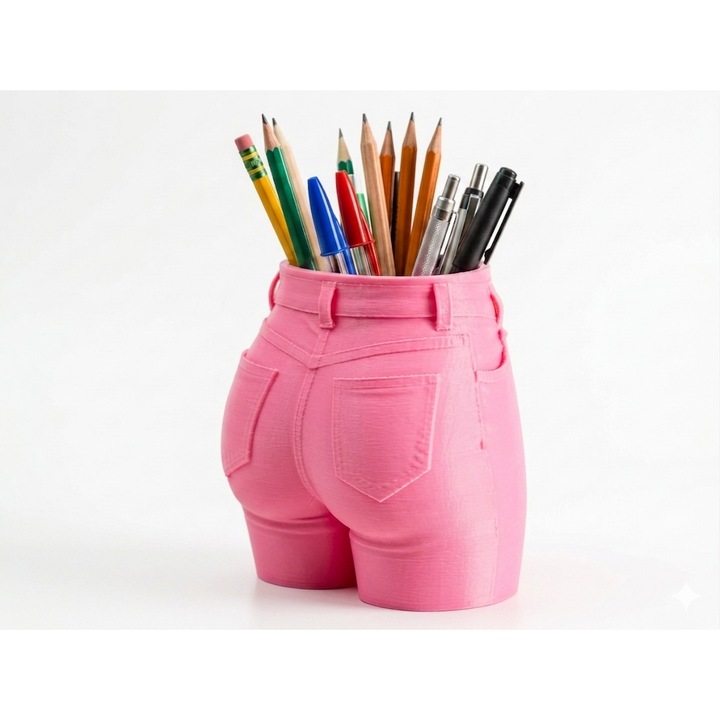 Suport pixuri jeans, culoare roz, suport si organizator decorativ haios pentru creioane, pixuri si accesorii birou, cadou inedit si amuzant pentru birou