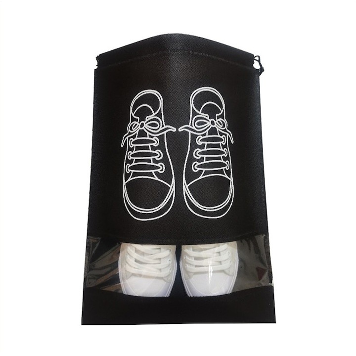 Sac depozitare incaltaminte pentru voiaj si organizare, rezistent la praf, compatibil masina de spalat, 27 x 36 cm, negru