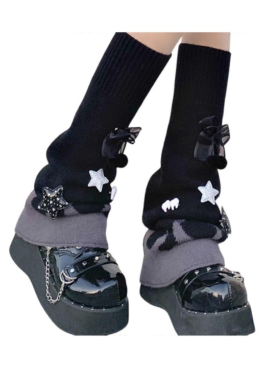 Sosete lungi tricotate, flared, cu fundite si bile, roz albastru negru, 40cm, set 2 bucati