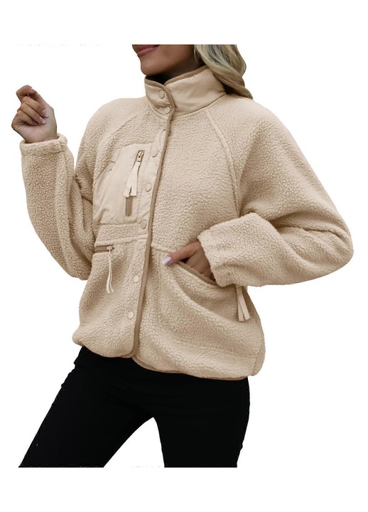 Jacheta de dama, scurta, cu nasturi, buzunare, fleece, kaki