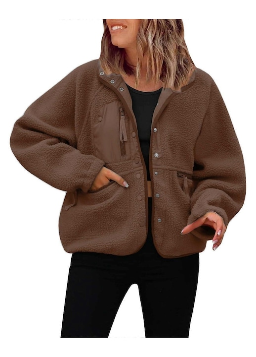 Jacheta de dama, scurta, cu nasturi, buzunare cu fermoar, maro inchis, fleece