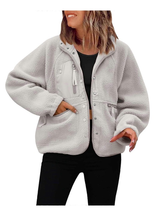 Jacheta din fleece pentru femei, scurta, cu nasturi, buzunare laterale, gri deschis