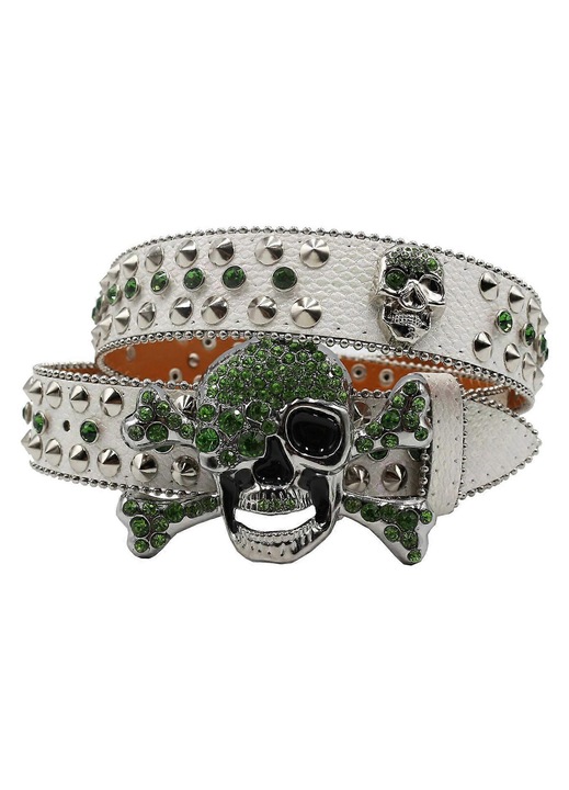 Curea populara cu catarama tip „Skull Snap” pentru pantaloni, cu strasuri si nituri, pentru blugi si pantaloni, accesorii de talie unisex pentru adulti, verde L