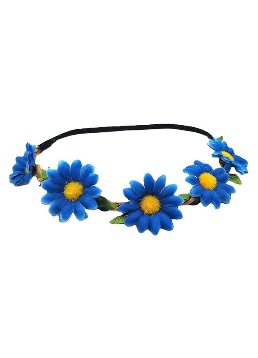 Bentita elastica par, coronita flori margarete, albastru regal, marime universala
