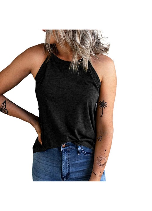 Top de vara, casual, negru, fara maneci