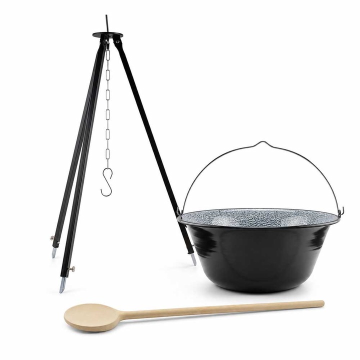 Pachet Perfect Home pentru gatit in aer liber, ceaun emailat 10L cu maner, trepied reglabil 70-120 cm si lingura din lemn de fag 80 cm