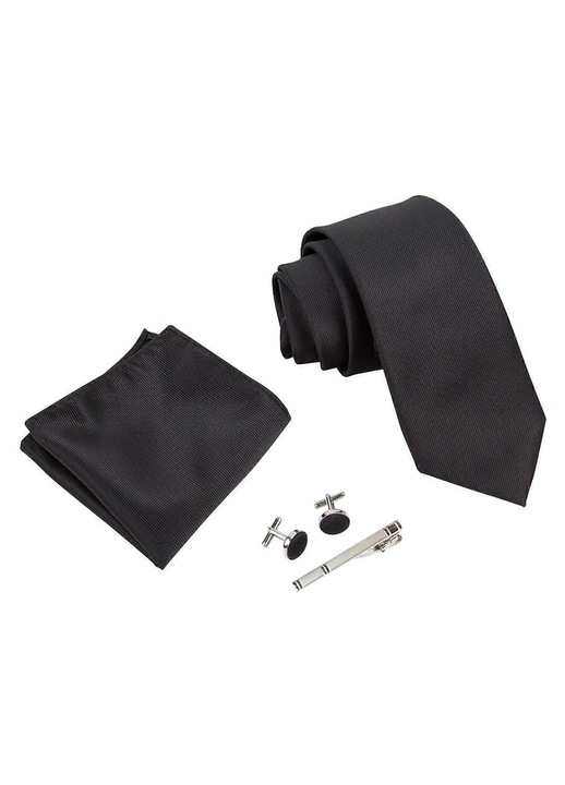 Set cravata barbati, batista, butoni si clips, poliester matase, negru, 145x8cm