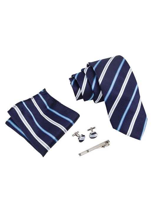 Set cravata barbati, esarfa, butoni, clips, poliester matase, negru, 145x8cm