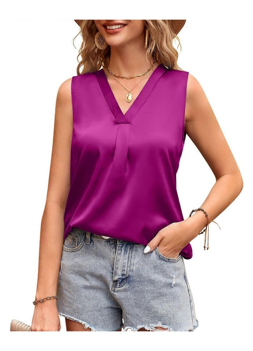 Maiou elegant dama, fuchsia, satin de matase, decolteu in V, fara maneci