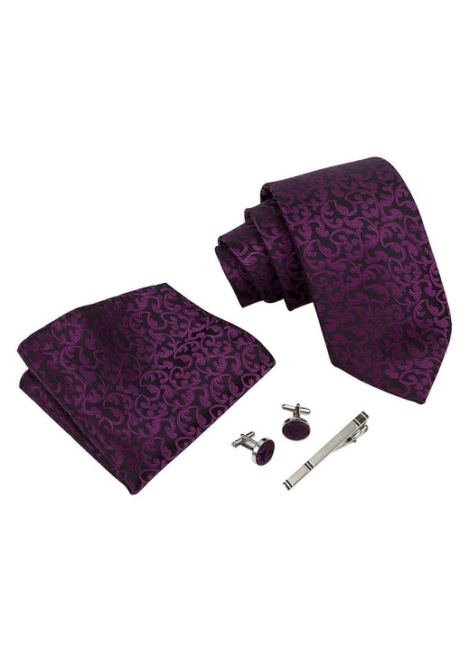 Set cravata barbati, batista, butoni si clips, poliester matase, negru, 145x8cm