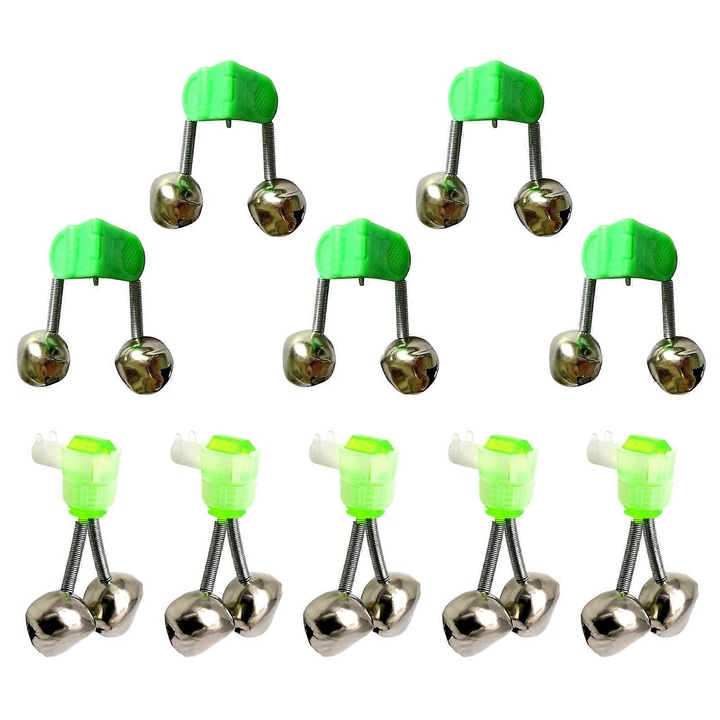 Set 10 clopotei pescuit, dublu semnal, LED, 5x3cm, metal-plastic, multicolor