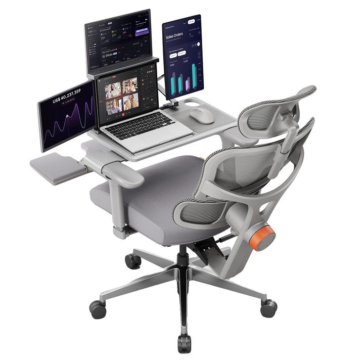 Scaun birou ergonomic, suport lombar ajustabil, 4 pozitii inclinare, gri, NT002, inaltime reglabila