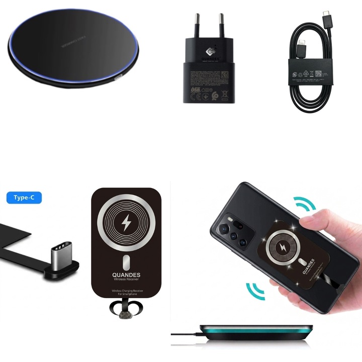 Kit 4 az 1-ben vezeték nélküli szupergyors töltő 30W, SlimPad QI, 25W PD adapter, vezeték nélküli vevőegység Type-C 10W gyors, univerzális, kompatibilis Samsung, Huawei, oppo, Xiaomi, Redmi, QUANDES®