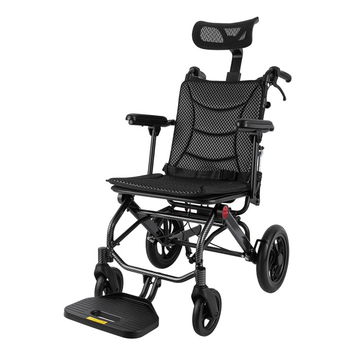 Scaun cu rotile, AC976, Pliabil, Spatar inclinabil 90–175°, Tetiera reglabila, Latime sezut 46 cm, Greutate 12, 9 kg, Sarcina maxima 130 kg, Negru