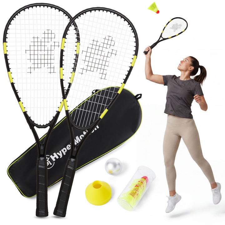 Speed Badminton készlet HyperMotion HYP115 BDM SPEED SET, 2 alumínium ütő, 5 tollaslabda, 8 bója, EVA labda, hordtáska