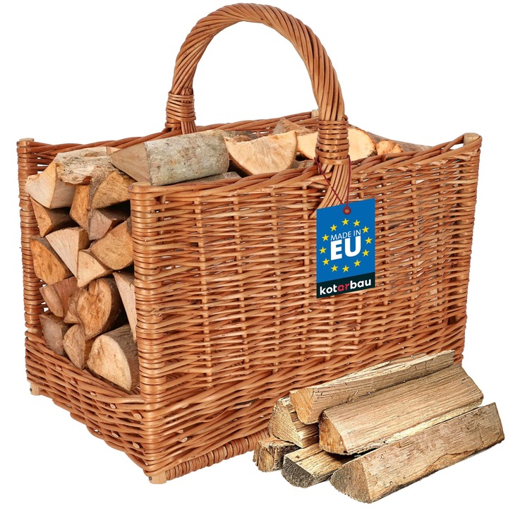 KOTARBAU® Cos din rachita, cos pentru lemne de foc, 45 x 29 x 45 cm, maro, cos de depozitare din rachita, natural, dreptunghiular, cu maner, pentru semineu