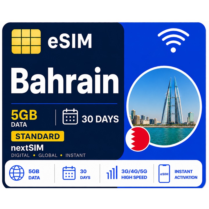 Cartela Pre-paid NextSIM eSIM Bahrain, 5GB Internet Mobil 30 Zile, Activare Instanta, 3G/4G/5G, Fara Contract