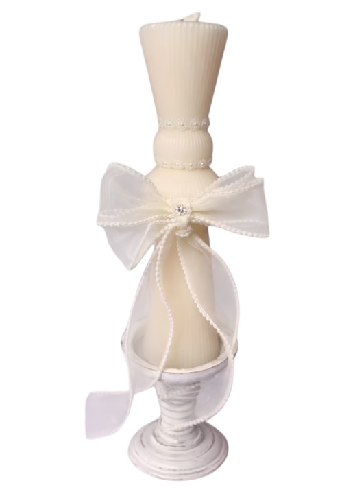 Lumanare botez clepsidra cu funda organza cu perlute - ivory