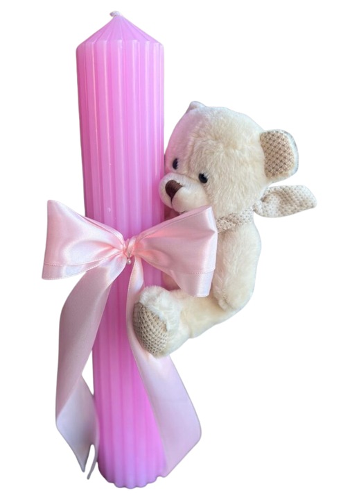 Lumanare botez canelata cu fundita si ursulet de plus - roz, 35 cm