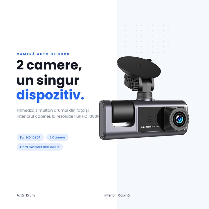 Kamera Autós Fedélzeti DUO, Full HD 1080P, 2 Kamera Elöl + Belső, IPS Kijelző 2", Széles Látószög, Éjjellátó IR LED-ekkel, G-Szenzor, 24H Parkolási Mód, 8GB microSD Kártya Mellékelve