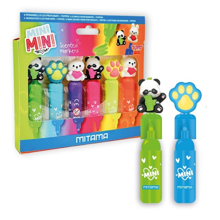 Маркери MITAMA Mini Mini FLUO, ароматизирани, капачка topper, 6 цвята, опаковка 6 бр