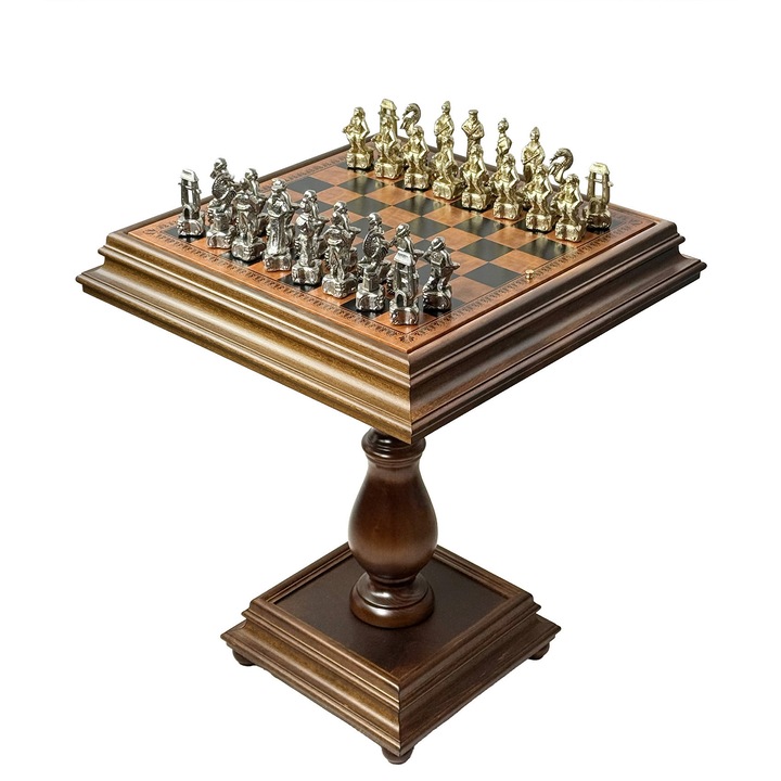 Set sah si dame Italfama, piese metalice samurai, masa lemn lime 55x55x66cm, piese lemn natural