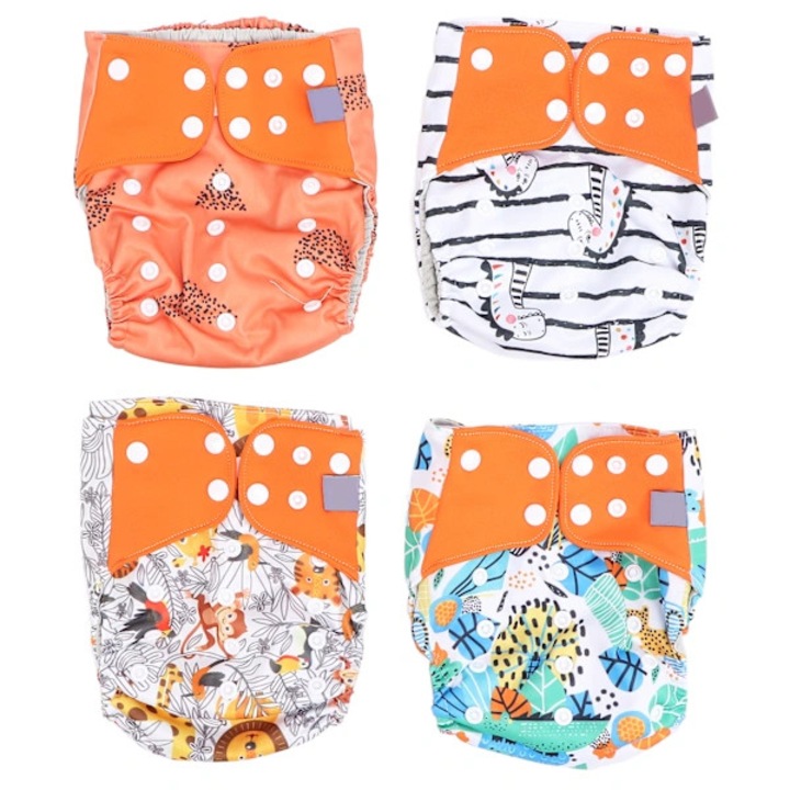 Set 4 scutece refolosibile bebelusi, material impermeabil si mesh, multicolor, 3-15 kg, 0-36 luni