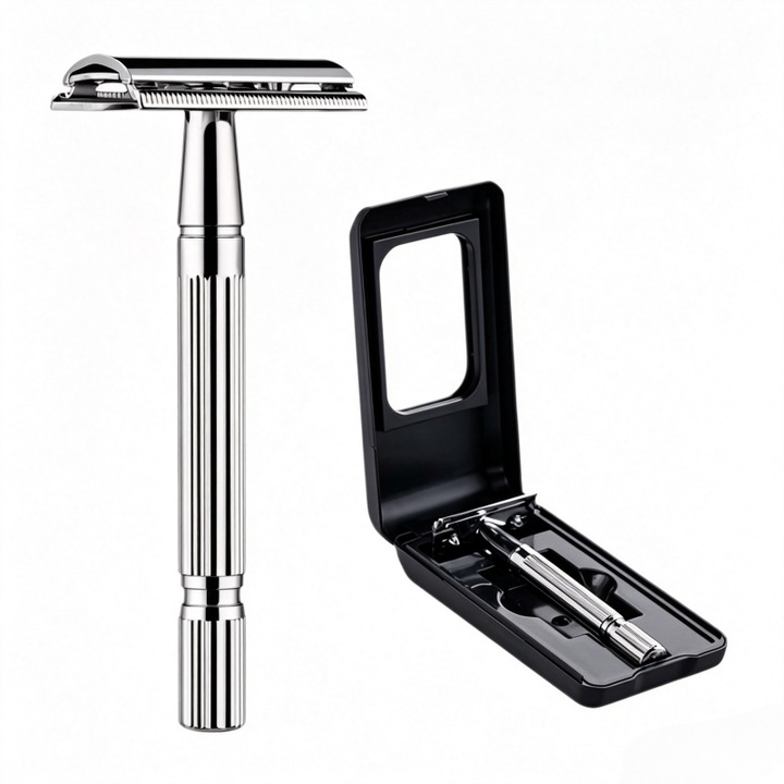 Klasszikus borotva Safety Razor, védőtok, carrlinechoo®, tíz tartalék pengével, titán fej, csúszásgátló, Ezüst