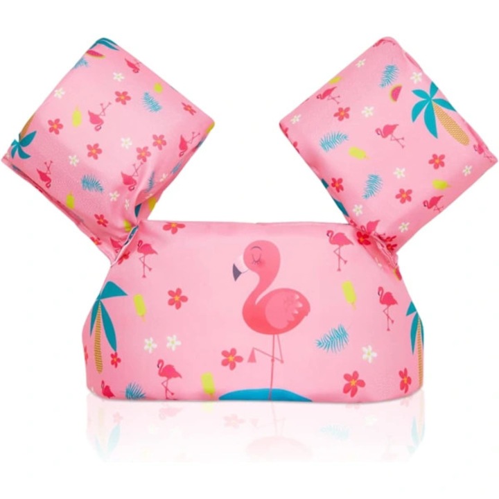 Vesta de flotare/vesta salvare pentru copii, twill si spuma flotanta, cu maneci flotante si catarama reglabila la spate, imprimeu cu flamingo, Roz, 2-6 ani