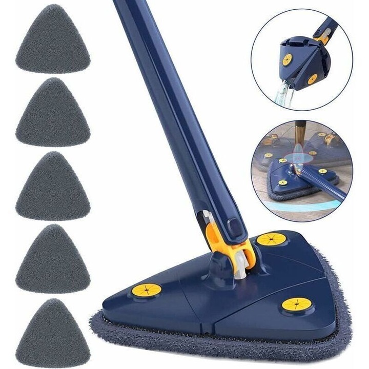 Mop triunghiular telescopic rotativ 360, 6 lavete, albastru