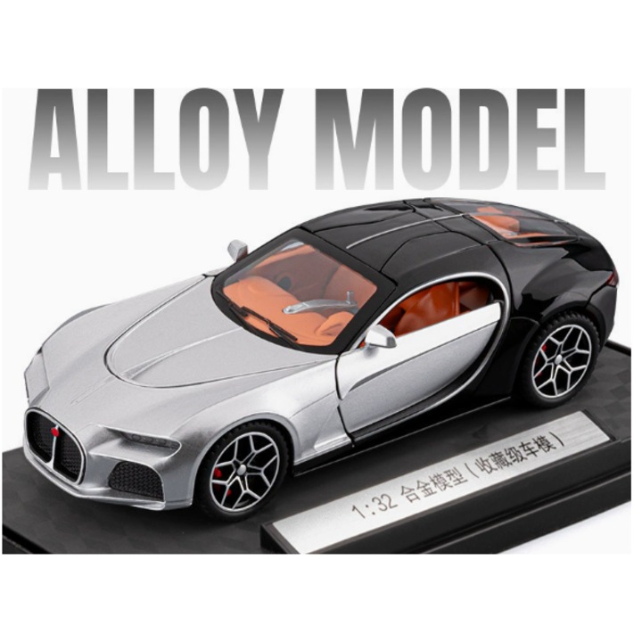 Model de masina Bugatti Atlantic din aliaj, cu baza, functie de retragere, mai multe parti deschizabile, iluminare moale, efecte sonore realiste, negru si gri