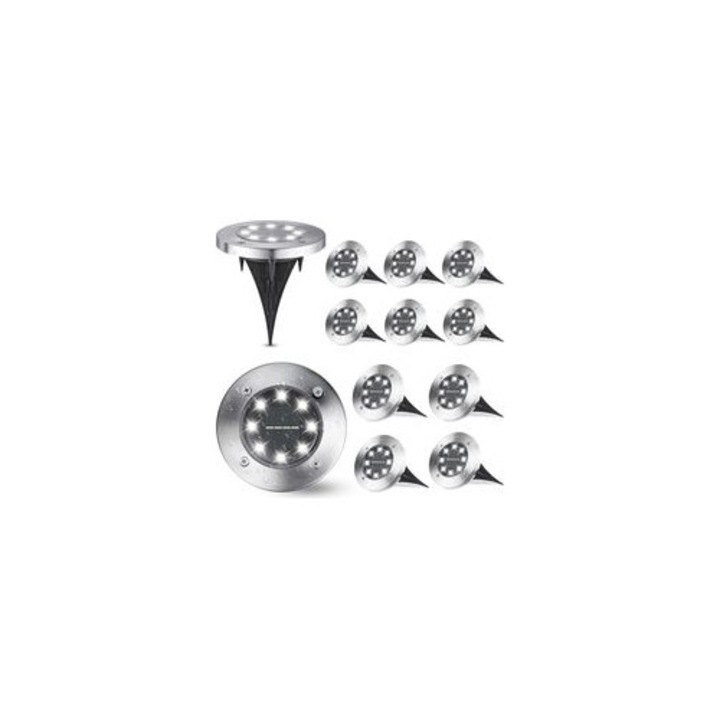 Set 12 lampi solare de gradina, 8 LED, alb, IP65, 10x5cm