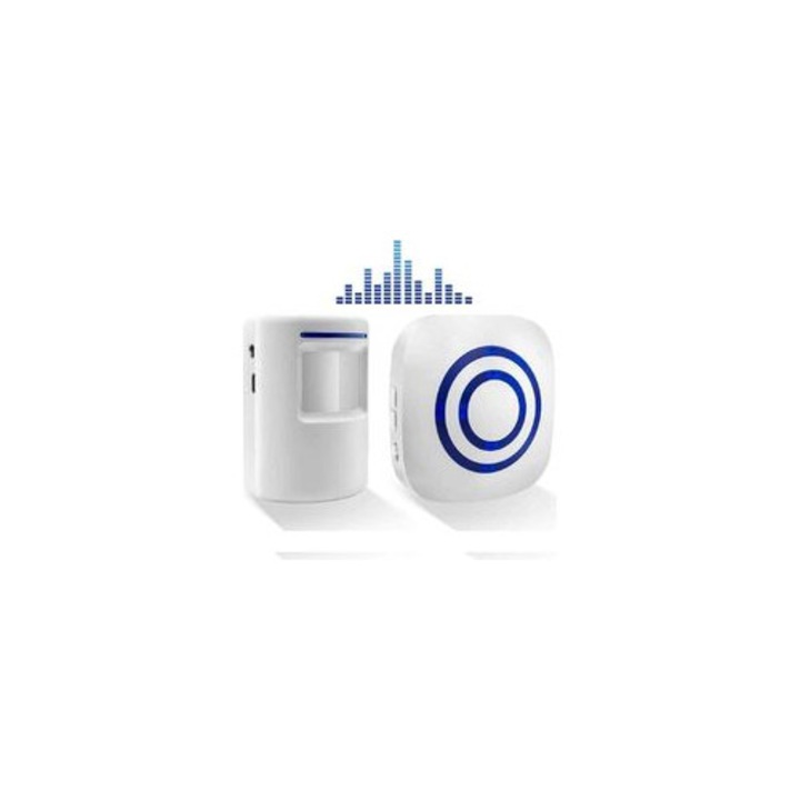 Sonerie wireless cu receptor si senzor miscare PIR, alb, 70m raza, 38 melodii, volum reglabil